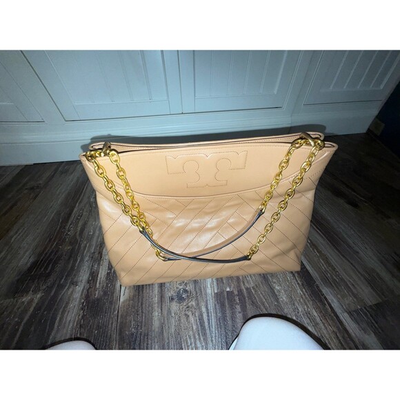 Tory Burch Designer Alexa Beige Tan Quilted Slouchy Leather Tote Purse Handbag - Picture 9 of 9